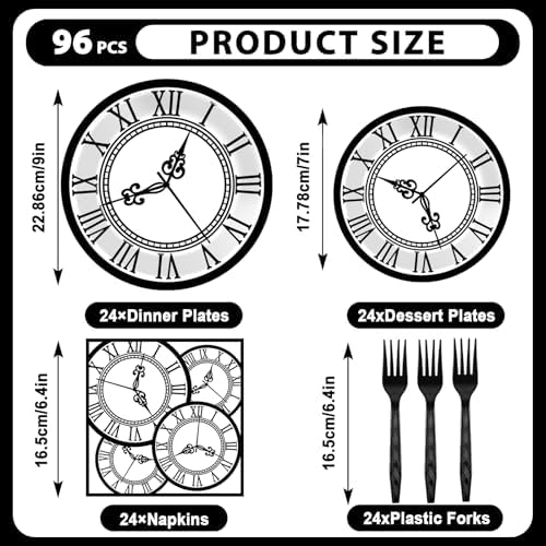 96 PCS Clock Party Paper Plates Napkins Disposable Tea Party Dinnerware Set - Image 2