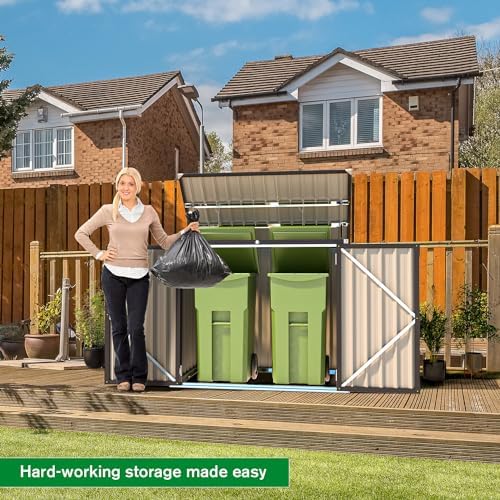 AECOJOY Outdoor Trash Can Storage Shed, 46 Cu.Ft Metal Garbage Bin Enclosure with Lift-Up Lid & Gas Strut, Waterproof Outdoor Garbage Can Organizer, Bike Shed Backyard Patio Garden, Brown - Image 3