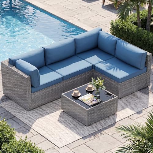 5 Piece Outdoor Patio Furniture Set with Silver PE Rattan, Navy Blue by Shintenchi%7CFurnitureMadeforRealLife