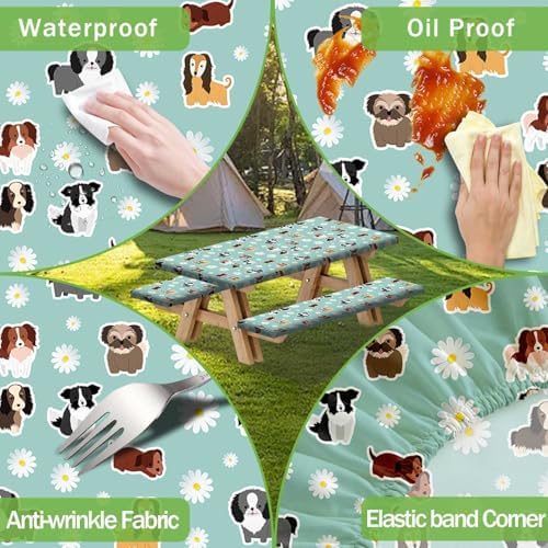 Cute Dog Picnic Table Cover with Bench Covers Camping Essentials Waterproof Windproof Funny Animal Daisy Flower Table Cover Fitted Tablecloth Cover with Elastic Edge for Outdoor 3 PCS 30x60 Inch - Image 5