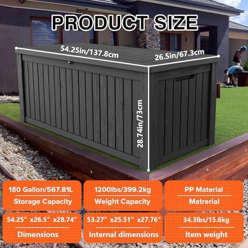 Outdoor Storage Box, 180 Gallon Waterproof Deck Box, Piston-Lift Tall Standing Cabinet for Oversized Cushions, Lockable Deep Tool Organizer Storage Bench, Large Lawn, Black - Image 3