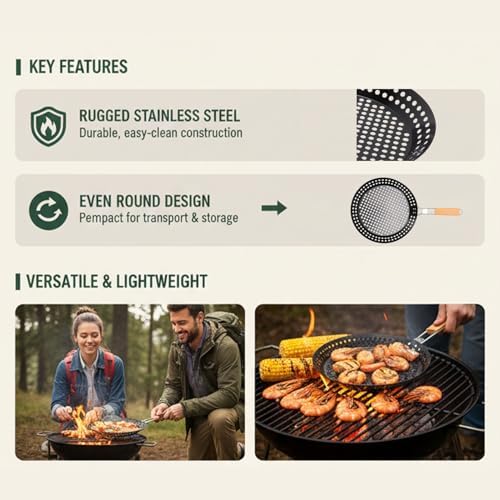 Stainless Steel Grill Skillet with Removable Handle, Perfect for BBQ, Seafood, and Vegetables – Outdoor Camping & Backpacking Accessory - Image 3