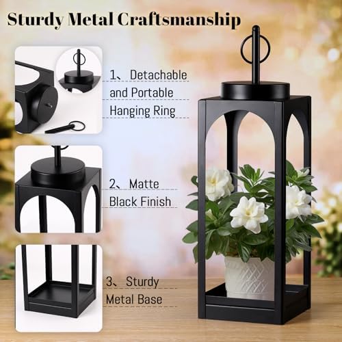 18" 13" Decorative Lanterns Set of 2, Black Outdoor Lanterns with Candles - Image 3