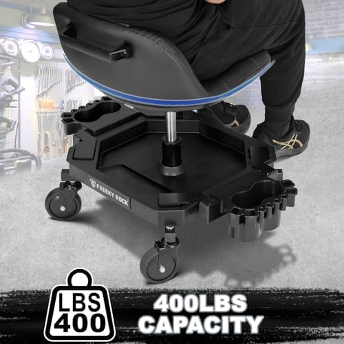 Rolling Stool with Wheels, Adjustable Height Pneumatic Garage Work Mechanic Stool Seat with Backrest, 400 LBS Capacity 360° Swivel Mechanic Crepper Chair with Tool Tray Storage, Gray - Image 7