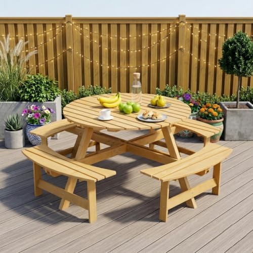 8 Person Wooden Picnic Table, Outdoor Round Picnic Table with 4 Built-in Benches, Umbrella Hole, Outside Table and Bench Set for Patio, Backyard, 500lbs Capacity Per Bench (Nature - 8 Person) by CKEASEANFurniture