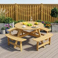 8 Person Wooden Picnic Table, Outdoor Round Picnic Table with 4 Built-in Benches, Umbrella Hole, Outside Table and Bench Set for Patio, Backyard, 500lbs Capacity Per Bench (Nature - 8 Person) by CKEASEANFurniture