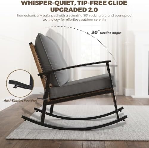 TARKARI 3-Piece Patio Rocking Chairs Set of 2, Rocking Chair Bistro Set [Upgraded 2.0] & 2-Tier Coffee Table, Wicker Rocking Chair Outdoor Patio Furniture Set for Backyard, Porch, Balcony (Grey) - Image 3