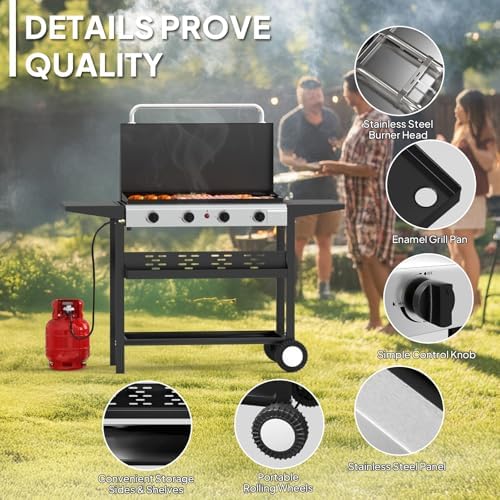 Bonnlo 40000BTU Propane Griddle with Lid and Ignition, Standing Flat Top Gas Grill with Storage Shelf and Portable Rolling Wheels, 4 Burner Camping Cooker for Patio Backyard Outdoor Cooking BBQ - Image 5