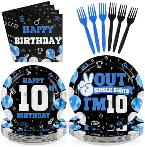 96Pcs 10th Birthday Supplies for Boys Blue Black 10th Birthday, Serves 24 by Greencian