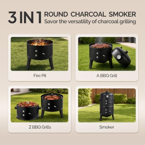 VINGLI 18 Inch Multi-Layer Charcoal BBQ Smoker Grill, Heavy Duty Round Grill, Vertical Smoker with Thermometer, for Outdoor Cooking, Patio, Parties, Backyard - Image 2