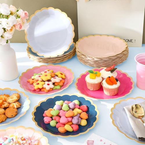 96 Pcs Pink Rose Navy Blue Paper Plates 9 Inch Gradient Scalloped Paper Plates Disposable Dinner Dessert for Dancing Queen Birthday Wedding Bridal Party Supplies, 6 Colors - Image 6