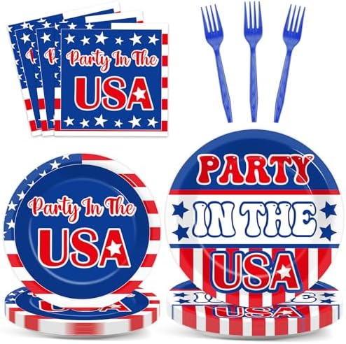 96Pcs Independence Day Paper Plates and Napkins 4th of July Party Supplies in the USA Red White Blue Star Disposable Tableware Set for 24 Guests American Flag Patriotic Memorial Day Decorations by Oitnlaughter