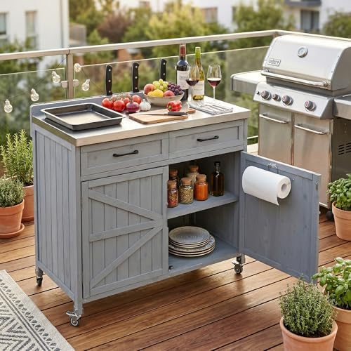 39.4" Outdoor Kitchen Island with Drawer and Stainless Top, Grey Blue by JIJIWANG
