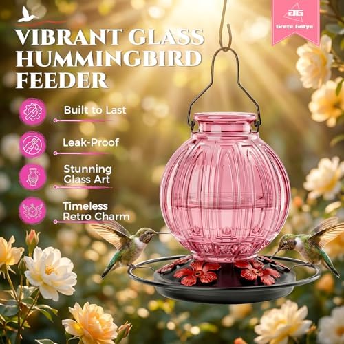 2 Pack Glass Hummingbird Feeder for Outdoors Hanging, Bird Nectar Feeder with Perch & 5 Flower Feeding Ports, 26 Oz Leak Proof for Outside Garden Decor Backyard, Gifts for Women Mom, Red + Pink - Image 6
