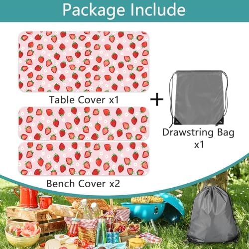 Strawberry Picnic Table Cover with Bench Covers and Bag, Camping Essentials, Berry Waterproof Windproof, Fitted Tablecloth Cover with Elastic Edge for Outdoor Garden 3 PCS 30x72 Inch - Image 7