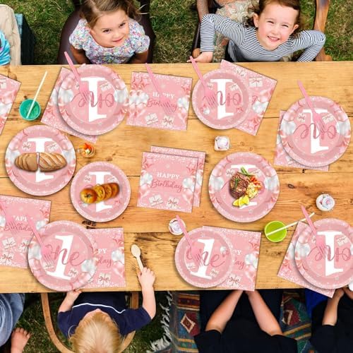 96 Pcs Girl 1st Party Supplies Pink One Year Old Paper Plates Baby Girl 1st Birthday Decoration Pink DisposableTableware Set Bridal Shower Birthday Party Paper Plate Napkin Fork 24 Guests - Image 5