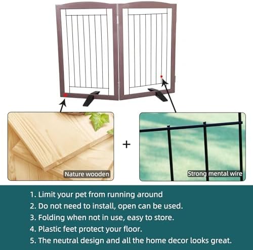 ZJSF Freestanding Dog Fence Indoor, Foldable Dog Gate for Doorways, Stairs or Hallways, Sturdy Wood Extra Wide Pet Gate with Support Feet for The House, Brown, 32 "Height-2 Panels - Image 6