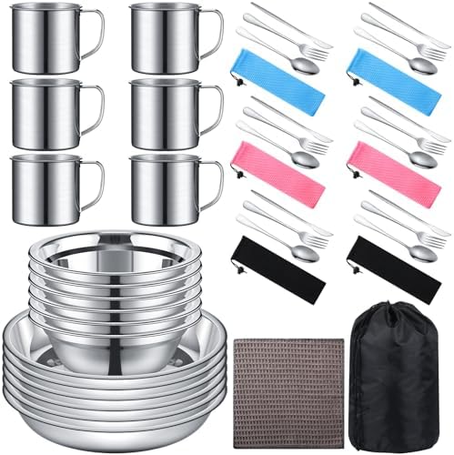Lallisa Camping Mess Kit, Stainless Steel Plates Cups and Bowls Set by Lallisa