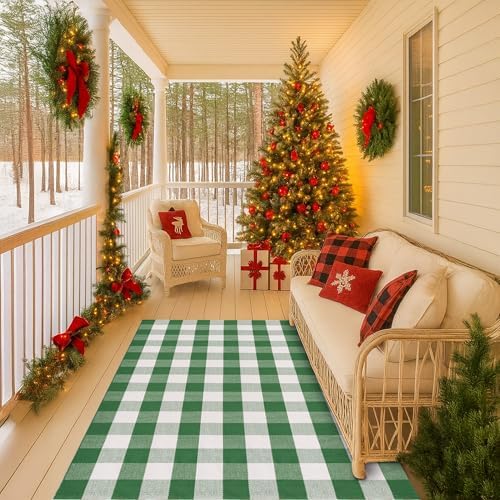 Christmas Green & White Plaid Rug - 4' x 6' Outdoor Front Door Decor Mat Cotton Washable Hand-Woven Rug Christmas New Year Holiday Porch Entryway Layered Doormat by Homydecor