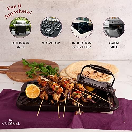 Cuisinel Cast Iron Griddle/Grill + Burger Press + Pan Scrapers - Reversible Pre-Seasoned 16.75" X 9.5"-inch Dual Handle Flat Skillet and Griller Pan + Cleaning Accessories - Indoor/Outdoor Stove Safe - Image 2
