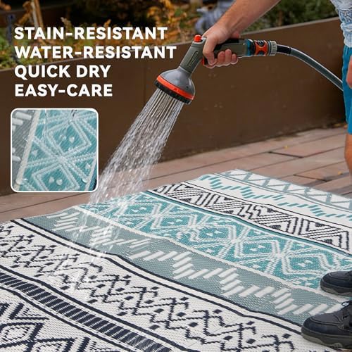 Outdoor Rug 5 x8 ft, Plastic Rug for Patio, Blue & Grey - Image 4