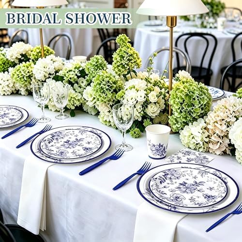 144 Pcs Blue and White Floral Tableware Set for 24 Guests, Heavy-Duty 7" & 9" Paper Plates, Cups, 2-Ply 13" Napkins & Plastic Forks, Disposable Party Supplies for Bridal Baby Shower Tea Party - Image 2
