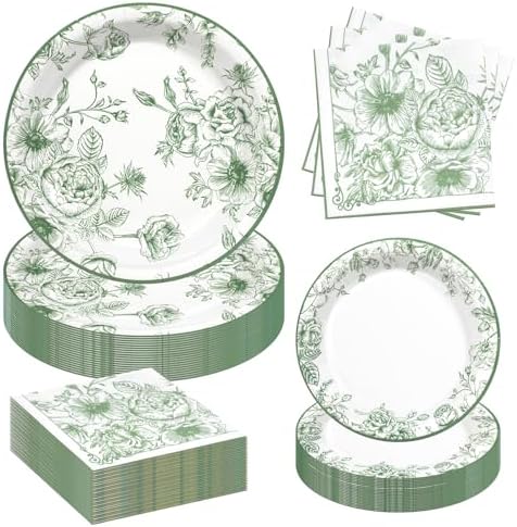 Sage Green Floral Plates and Napkins Party Supplies,Serve 60 Guests by Osonm