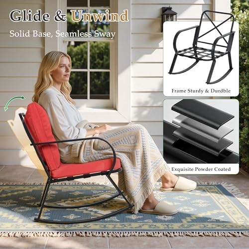 Oakcloud Oakmont Outdoor Furniture 3 Piece Conversation Bistro Set Rocking Chairs and Glass Top Table, Thick Cushions, Black Steel (Red) - Image 2
