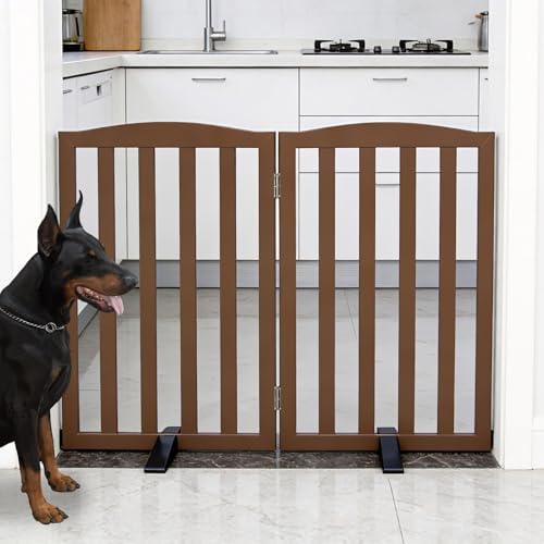 Freestanding Dog Gate Indoor,Doggie Gate Foldable Pet Gates for Doorways,Stairs or Hallways, Wooden Brown Pet Gate for the House, Pet Fence with Support Feet Included,32 "Height-2 Panels - Image 2