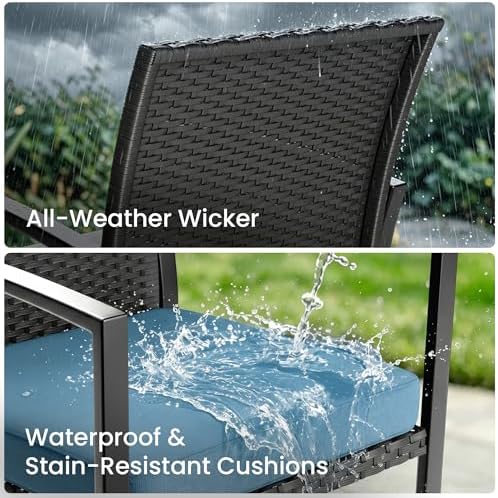 Rocking Patio Bistro Sets - All-Weather - 3 Piece Rattan Conversation Furniture Set, Wicker Outdoor Front Porch Chair for Balcony, Porch, Garden, Backyard, Poolside, Blue - Image 3