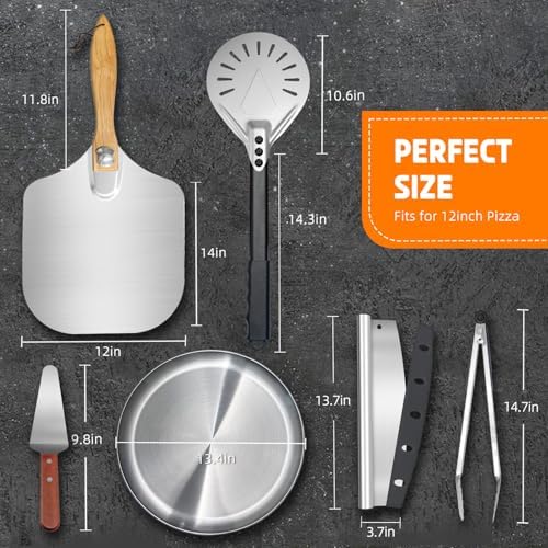 Pizza Peel and Pan Set, 6 Piece Pizza Oven Accessories, 12 Inch Metal Pizza Paddle with Foldable Wooden Handle, 8 Inch Metal Peel, Rocker Cutter, Server, Stainless Steel Plates and Tongs - Image 2