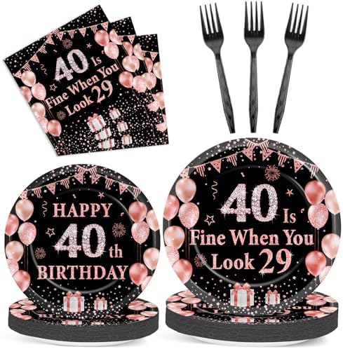 96PCS 40th Birthday Paper Plates and Napkins for 40 Is Fine When You Look 29 Themed Party Supplies Black Rose Gold Dinnerware Set for Women Cheers to Forty Birthday Gatherings Decorations by Oitnlaughter