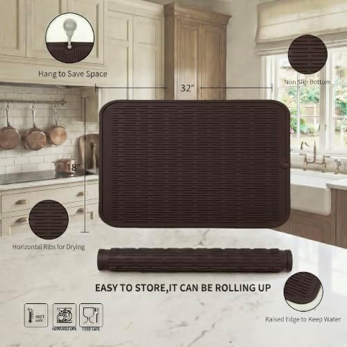 MicoYang Silicone Dish Drying Mat for Multiple Usage,Easy clean,Eco-friendly,Heat-resistant Silicone Mat for Kitchen Counter or Sink,Refrigerator or Drawer Liner Coffee 4XL 32 inches x 18 inches - Image 2