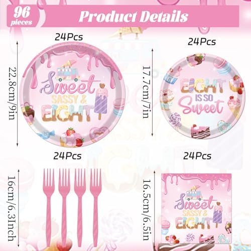 Sweet Sassy and Eight Birthday Decorations, 96PCS Donut 8th Birthday Disposable Paper Plates and Napkins Decoration for Girls, Ice Cream Theme Bday Forks Decor for 8 Year Old Girl Serve 24 - Image 2