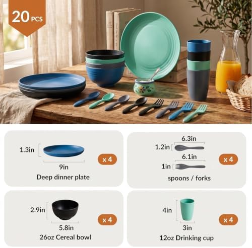 Homienly Unbreakable Plates and Bowls Sets 20 PCS Wheat Straw Dinnerware Sets Microwave & Dishwasher Safe Plate Set Kids Plastic Plates Camping Dish Set, Salad, Hamburger, Pizza-Nightscape - Image 2