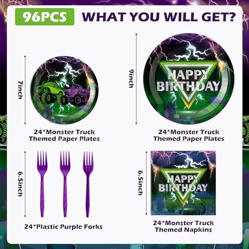96Pcs Monster Truck Happy Birthday Green Purple Party Plates Supplies - Party Tableware Decorations Disposable Paper Plates Napkins Forks for Birthday Baby Shower, Serves 24 - Image 2