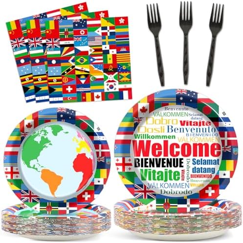 International Flags Welcome Party Plates Napkins Forks World Flags Tableware Around the World Globe Dinnerware Travel Trip Supply for Sports Events Club Classroom Birthday Parties Decoration Serve 24 by Naozinebi