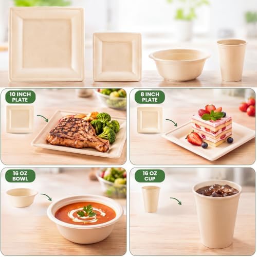 Havawish 100 Pcs Compostable Paper Plates and Bowls Set for 25 Guests, 10in & 8in Heavy Duty Sugarcane Disposable Plates 16 oz Biodegradable Cups and Paper Bowls, Party Camping Picnic(Beige) - Image 2