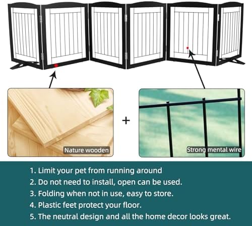 ZJSF Freestanding Dog Fence Indoor, Foldable Dog Gate for Doorways, Stairs or Hallways, Sturdy Wood Extra Wide Pet Gate with Support Feet for The House, Black, 24 "Height-6 Panels - Image 6