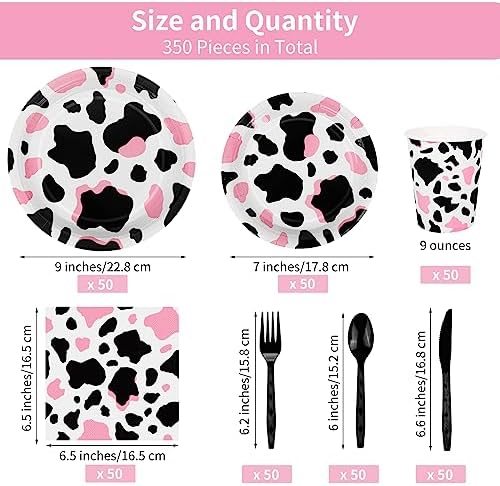 durony 350 Pieces Pink Cow Print Party Tableware Set Including Cowgirl Pink Cow Party Plates Cups Napkins Knives Forks Spoons Serves 50 for Baby Shower Farm Cow Party Decorations - Image 2
