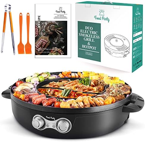 Food Party Hot Pot Electric Korean BBQ Grill Combo Hotpot Smokeless Indoor Grill 16.5" Detachable Easy Cleaning 110V 1800W Shabu Shabu Pot with Divider by FoodParty