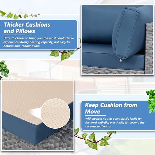 7 Piece Outdoor Patio Furniture Set with Silver PE Rattan, Navy Blue - Image 5
