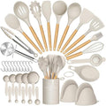 Umite Chef 36pcs Silicone Kitchen Cooking Utensils with Holder, Heat Resistant Cooking Utensils Sets Wooden Handle, Khaki Nonstick Kitchen Gadgets Tools Include Spatula Spoons Turner Pizza Cutter by UmiteChef