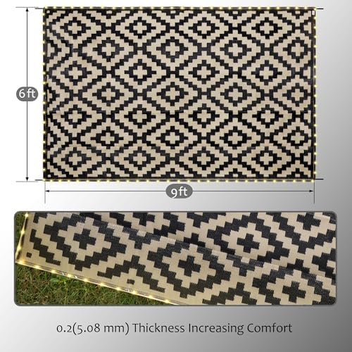 SAND MINE Reversible Mats with Led Strip Lights, Plastic Straw Rug, Modern Area Rug, Large Floor Mat for Outdoors, Patio, Backyard, Deck, Picnic, Camping, Black & Beige, 6' x 9' - Image 2