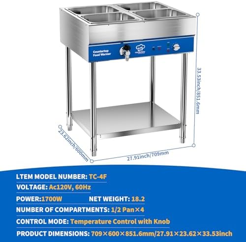 TOPKITCH ETL Listed 4-Pan Commercial Food Warmer, Electric Steam Table, 120V 1700W Stainless Steel Buffet Catering Food Warmer with Undershelf and Workspace, for Buffet,Parties and Restaurants. - Image 2