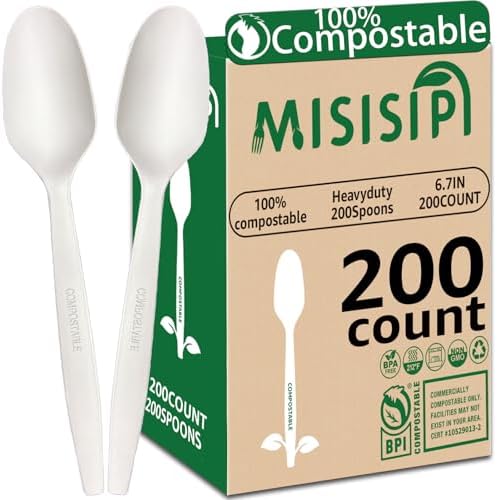 MISISIPI 200Count 100% Compostable Spoons Biodegradable Spoon HeavyDuty No Plastic Spoons Eco-friendly HeavyWeight Disposable Spoon Tableware Set for Lounge,Party,BBQ,Cafeteria,Wedding,Picnic by MISISIPI