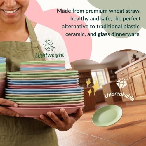 Homienly Kitchen Plates and Bowls Set 40 PCS Microwave and Dishwasher Safe Wheat Straw Dinnerware Sets Dish Sets for 8 Kitchen Plate Set for Camping, RV, Party, Apartment, Picnic, Kids-Multilight - Image 4