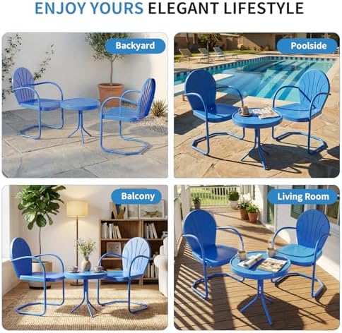 Outdoor 3-Piece Metal Bistro Set, Patio Conversation Set of 2,Blue - Image 4