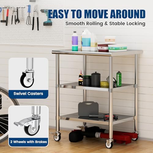 Stainless Steel Work Table with Wheels, 24x30 Inch NSF Kitchen Prep Table with 2 Adjustable Undershelves for Commercial Restaurant, Garage, Outdoor BBQ - Image 6