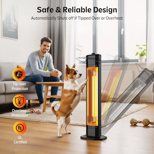 Outdoor Electric Patio Heater, 34-inch 1500W Infrared Tower Heater with Instant Heating, Tip-Over & Overheat Protection, IPX5 Waterproof Space Heater for Patio Garage Workshop Indoor & Outdoor Use - Image 6